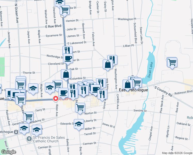 map of restaurants, bars, coffee shops, grocery stores, and more near 47 Case Avenue in Patchogue