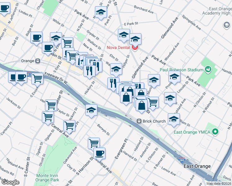 map of restaurants, bars, coffee shops, grocery stores, and more near 12 Oakwood Avenue in City of Orange