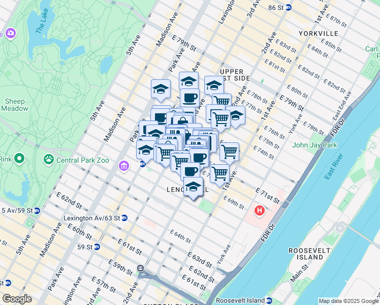 map of restaurants, bars, coffee shops, grocery stores, and more near 225 East 71st Street in New York