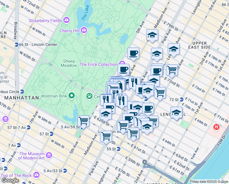 map of restaurants, bars, coffee shops, grocery stores, and more near 14 East 67th Street in New York