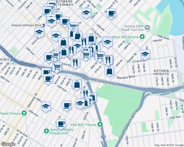 map of restaurants, bars, coffee shops, grocery stores, and more near 22-64 47th Street in Queens