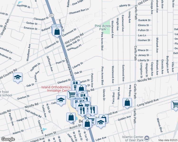 map of restaurants, bars, coffee shops, grocery stores, and more near 20 Oak Street in Deer Park