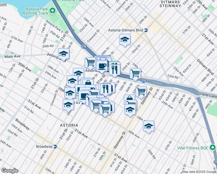 map of restaurants, bars, coffee shops, grocery stores, and more near 25-48 34th Street in Queens