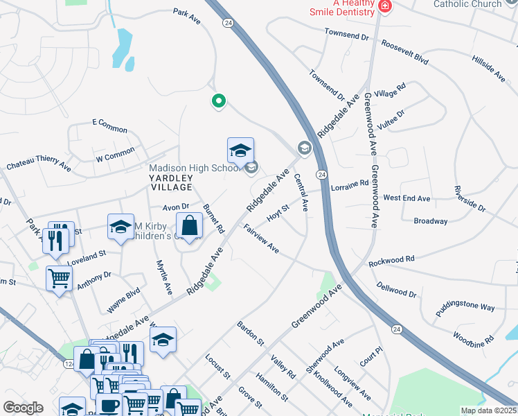map of restaurants, bars, coffee shops, grocery stores, and more near 151 Ridgedale Avenue in Madison