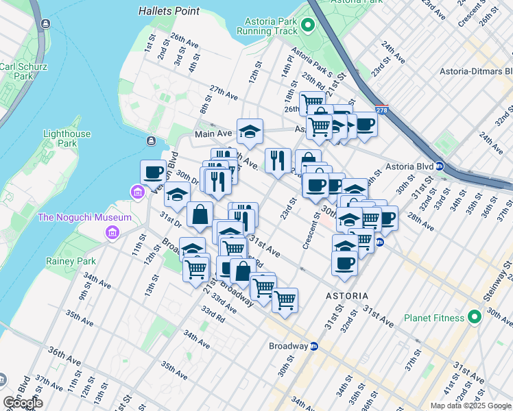 map of restaurants, bars, coffee shops, grocery stores, and more near 30-50 21st Street in Queens