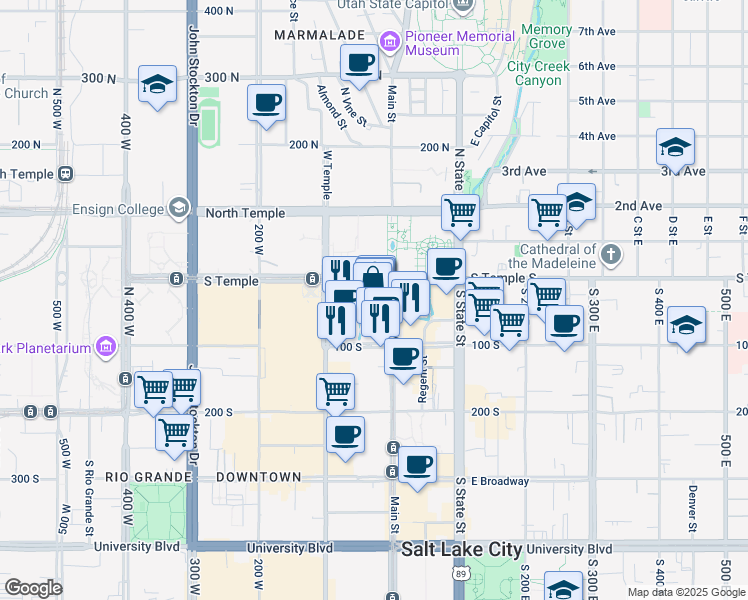 map of restaurants, bars, coffee shops, grocery stores, and more near 30 South Main Street in Salt Lake City