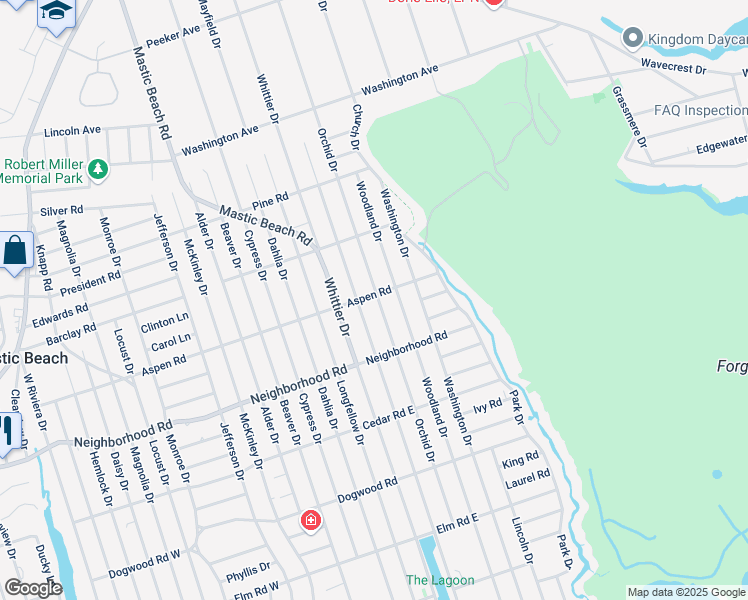 map of restaurants, bars, coffee shops, grocery stores, and more near 148 Orchid Drive in Mastic Beach