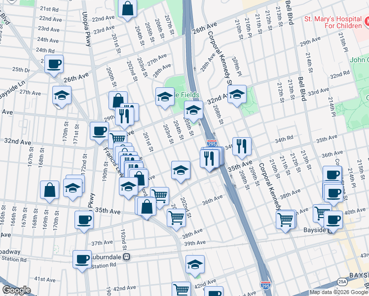 map of restaurants, bars, coffee shops, grocery stores, and more near 33-18 204th Street in Queens