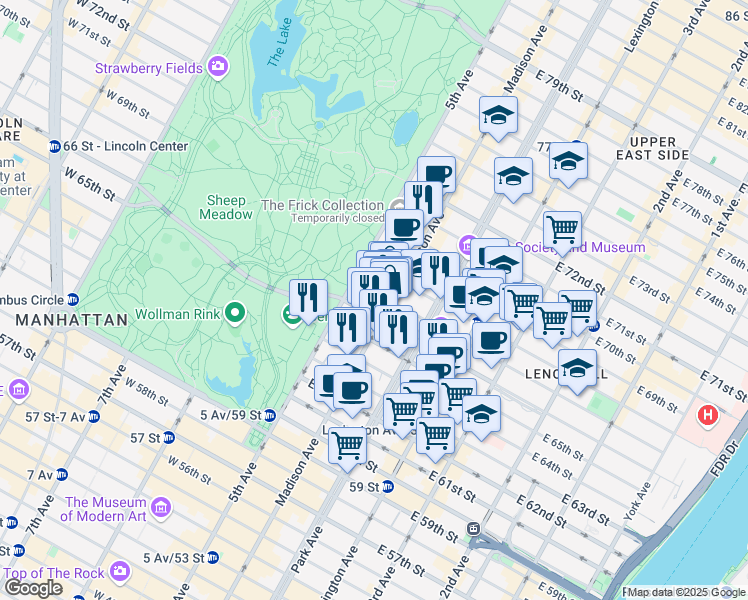map of restaurants, bars, coffee shops, grocery stores, and more near 14 East 67th Street in New York