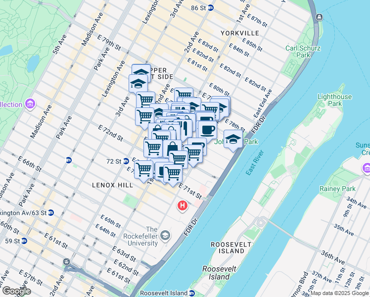 map of restaurants, bars, coffee shops, grocery stores, and more near 420 East 74th Street in New York