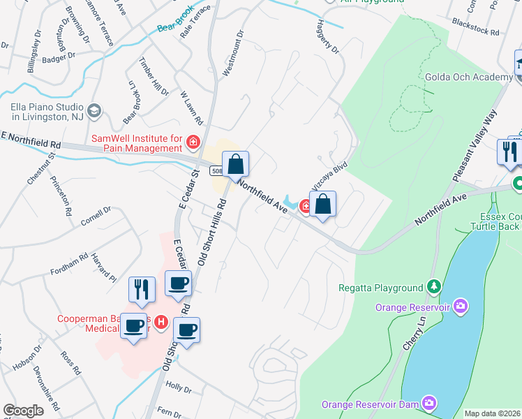 map of restaurants, bars, coffee shops, grocery stores, and more near 776 Northfield Avenue in West Orange