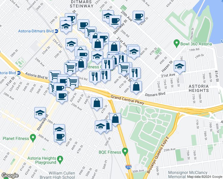 map of restaurants, bars, coffee shops, grocery stores, and more near 22-73 46th Street in Queens