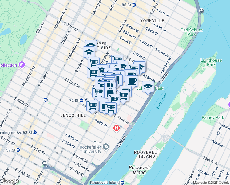 map of restaurants, bars, coffee shops, grocery stores, and more near 404 East 74th Street in New York