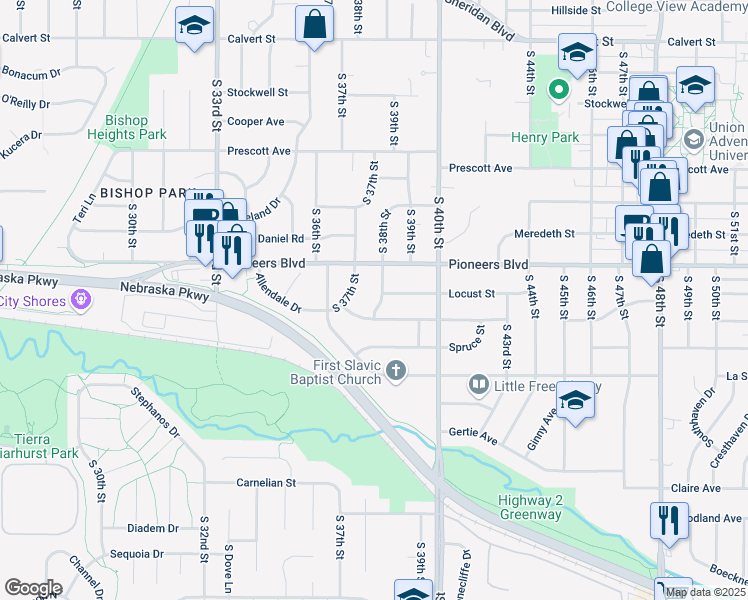 map of restaurants, bars, coffee shops, grocery stores, and more near 4401 South 38th Street in Lincoln