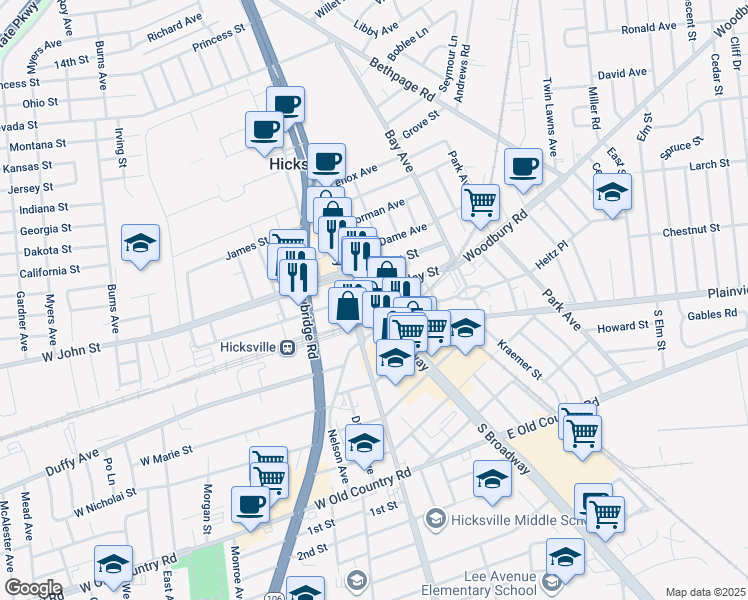 map of restaurants, bars, coffee shops, grocery stores, and more near in Hicksville