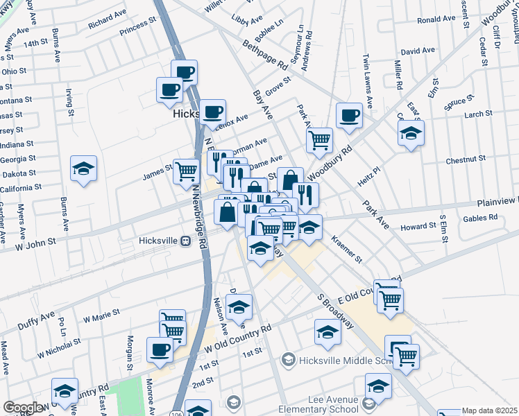 map of restaurants, bars, coffee shops, grocery stores, and more near Frederick Street in Hicksville