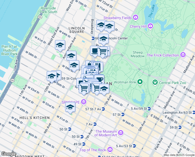 map of restaurants, bars, coffee shops, grocery stores, and more near Columbus Circle in New York