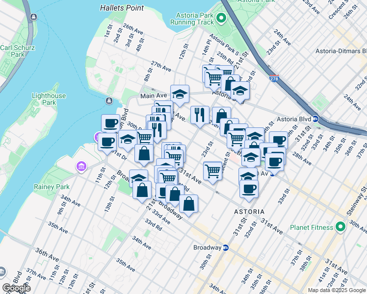 map of restaurants, bars, coffee shops, grocery stores, and more near 30-50 21st Street in Queens