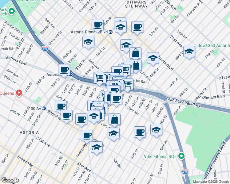 map of restaurants, bars, coffee shops, grocery stores, and more near 38-14 Astoria Boulevard South in Queens
