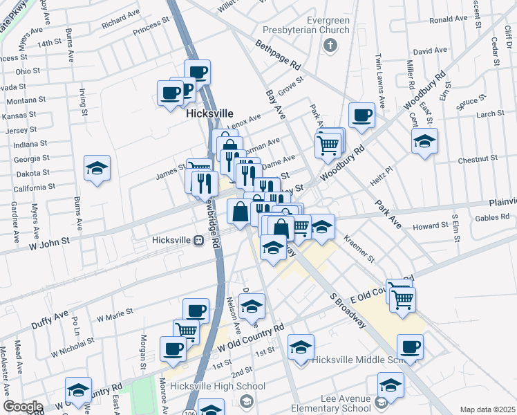 map of restaurants, bars, coffee shops, grocery stores, and more near in Hicksville