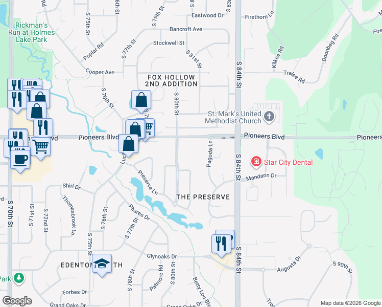 map of restaurants, bars, coffee shops, grocery stores, and more near 4400 South 80th Street in Lincoln