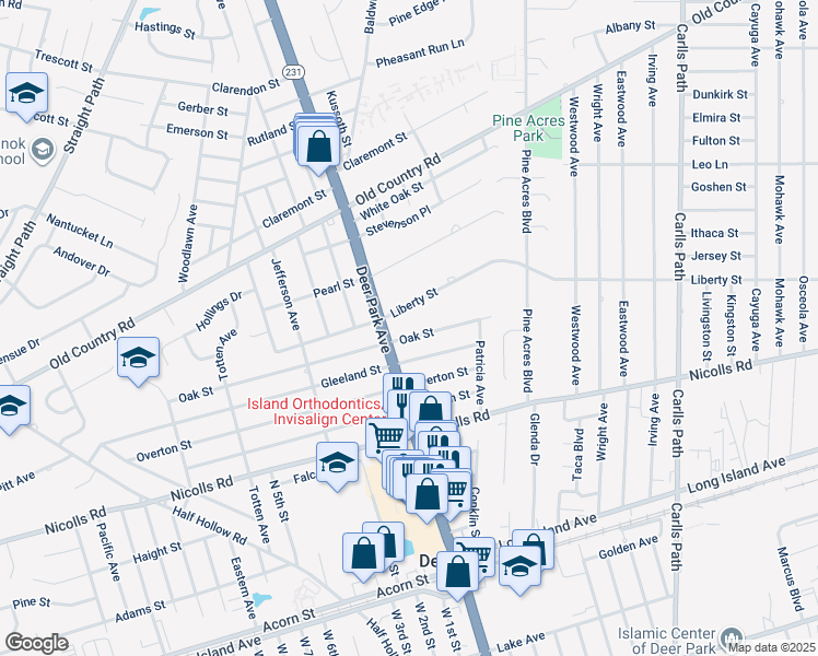 map of restaurants, bars, coffee shops, grocery stores, and more near 44 Oak Street in Deer Park