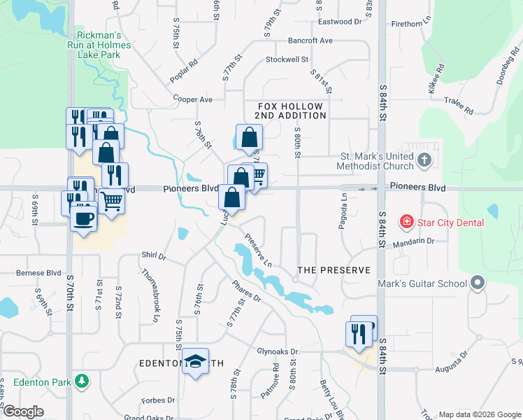 map of restaurants, bars, coffee shops, grocery stores, and more near 7758 Viburnum Drive in Lincoln