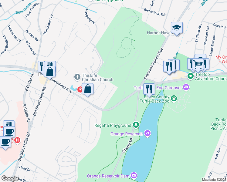 map of restaurants, bars, coffee shops, grocery stores, and more near 22 Woods End Road in West Orange