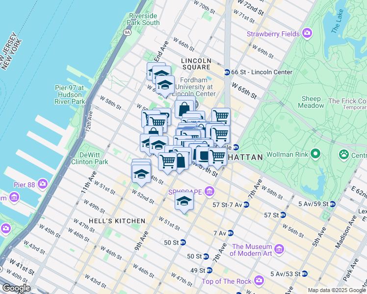 map of restaurants, bars, coffee shops, grocery stores, and more near 410 West 58th Street in New York