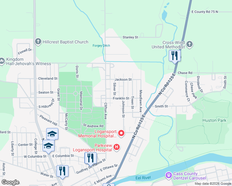 map of restaurants, bars, coffee shops, grocery stores, and more near 1618 Silver Street in Logansport