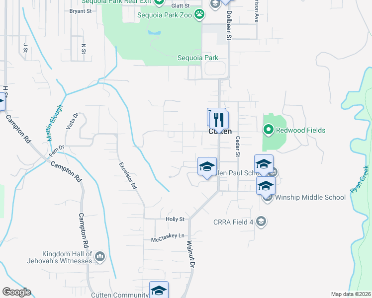 map of restaurants, bars, coffee shops, grocery stores, and more near 4069 V Street in Eureka