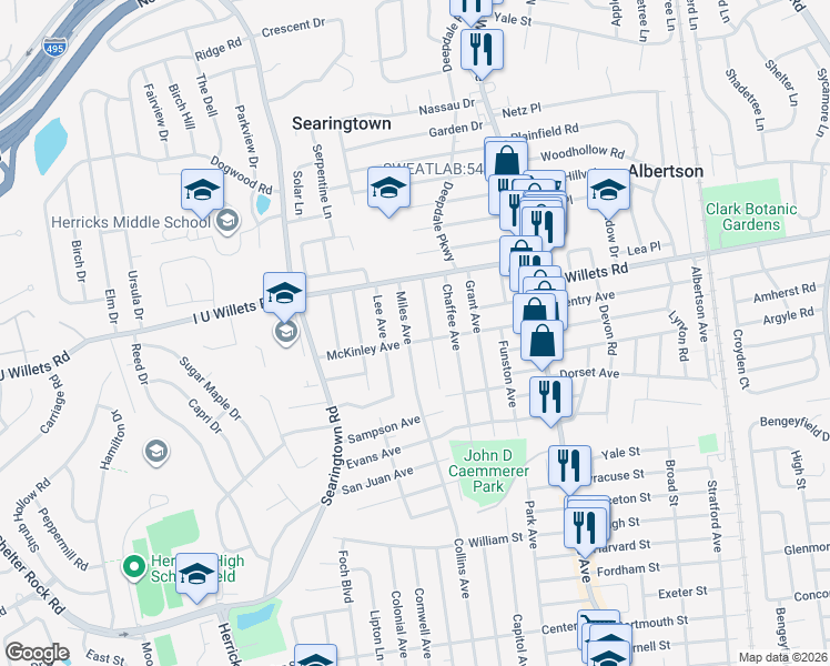 map of restaurants, bars, coffee shops, grocery stores, and more near 98 McKinley Avenue in Albertson