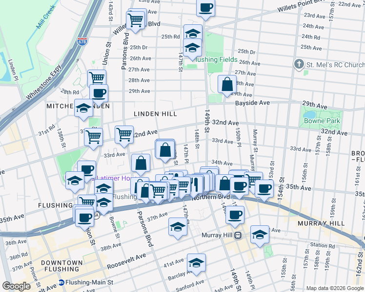 map of restaurants, bars, coffee shops, grocery stores, and more near 147-18 33rd Avenue in Queens