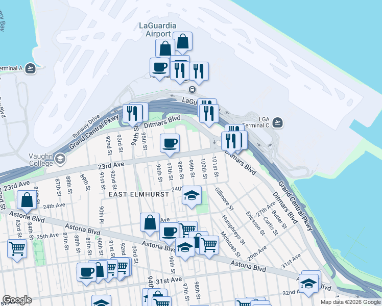 map of restaurants, bars, coffee shops, grocery stores, and more near 9808 23rd Avenue in Queens