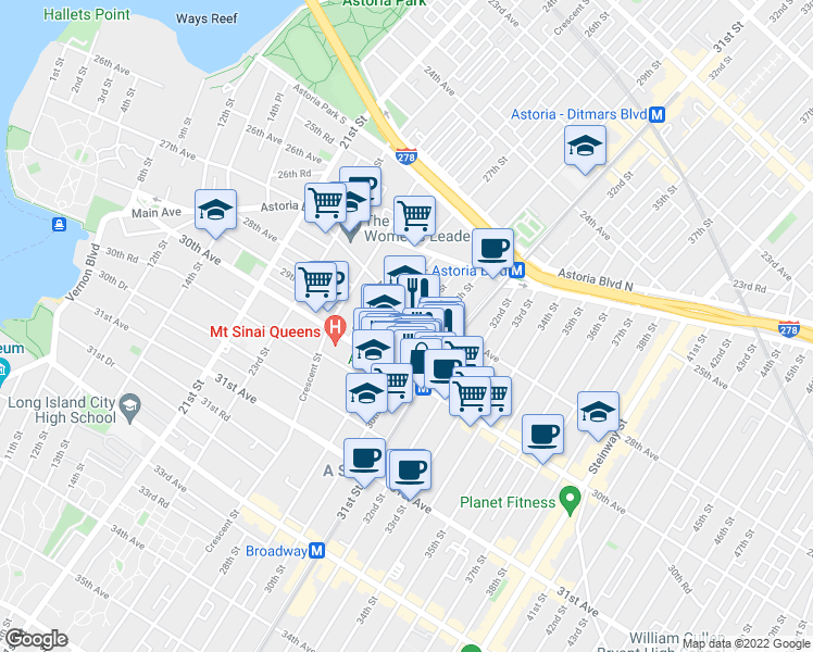 map of restaurants, bars, coffee shops, grocery stores, and more near 29-28 Newtown Avenue in Queens