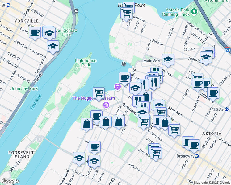 map of restaurants, bars, coffee shops, grocery stores, and more near 31-30 Vernon Boulevard in Queens