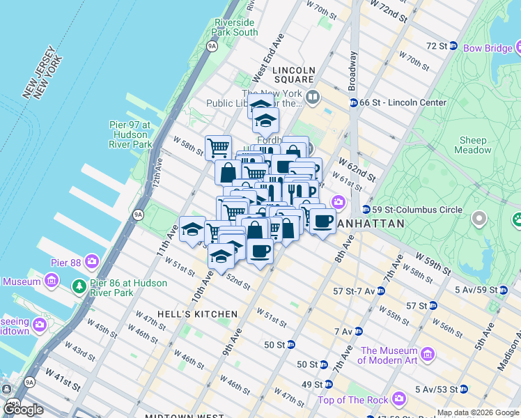 map of restaurants, bars, coffee shops, grocery stores, and more near 425 West 57th Street in New York