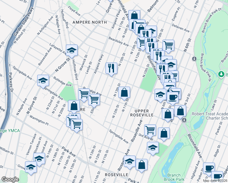 map of restaurants, bars, coffee shops, grocery stores, and more near 38 Lawton Street in East Orange