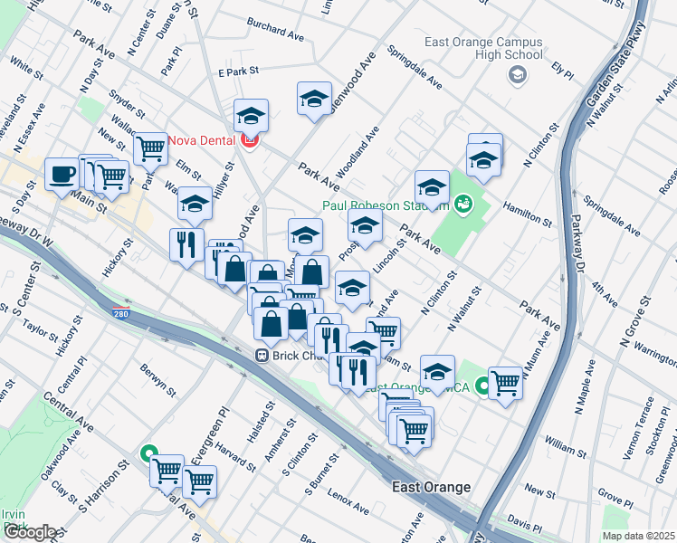 map of restaurants, bars, coffee shops, grocery stores, and more near 70 Prospect Street in East Orange