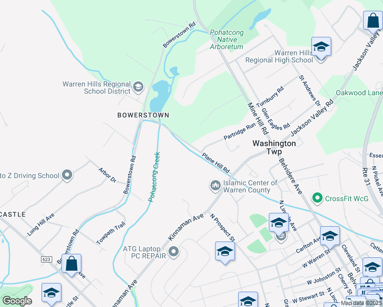 map of restaurants, bars, coffee shops, grocery stores, and more near 21 Plane Hill Road in Washington