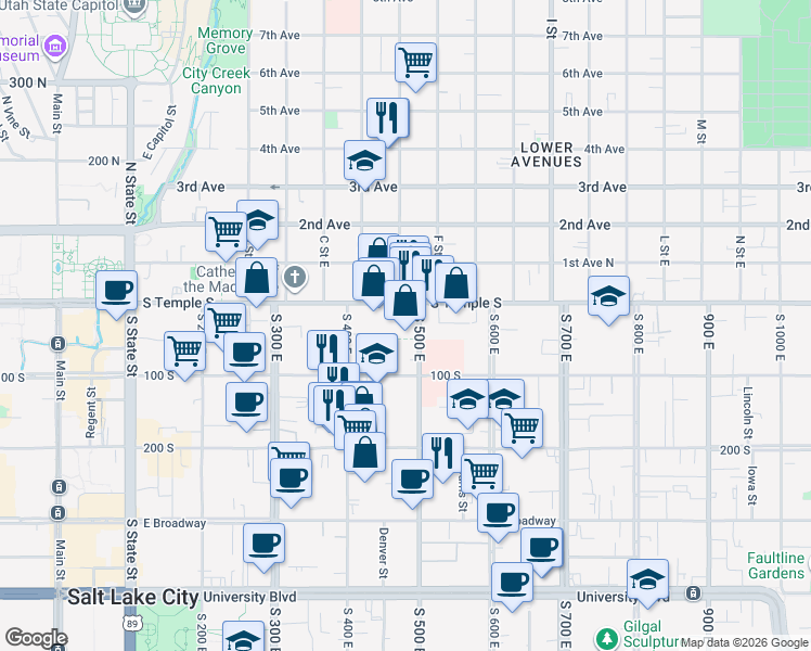 map of restaurants, bars, coffee shops, grocery stores, and more near 34 500 East in Salt Lake City