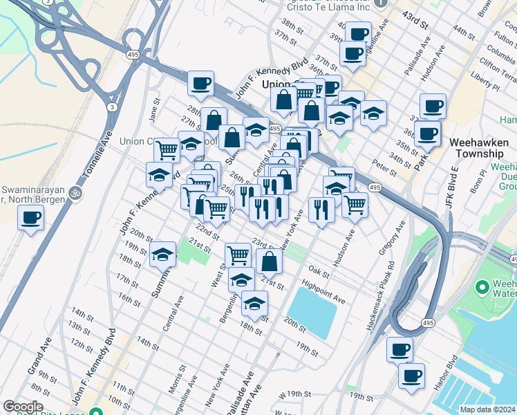 map of restaurants, bars, coffee shops, grocery stores, and more near 520 25th Street in Union City