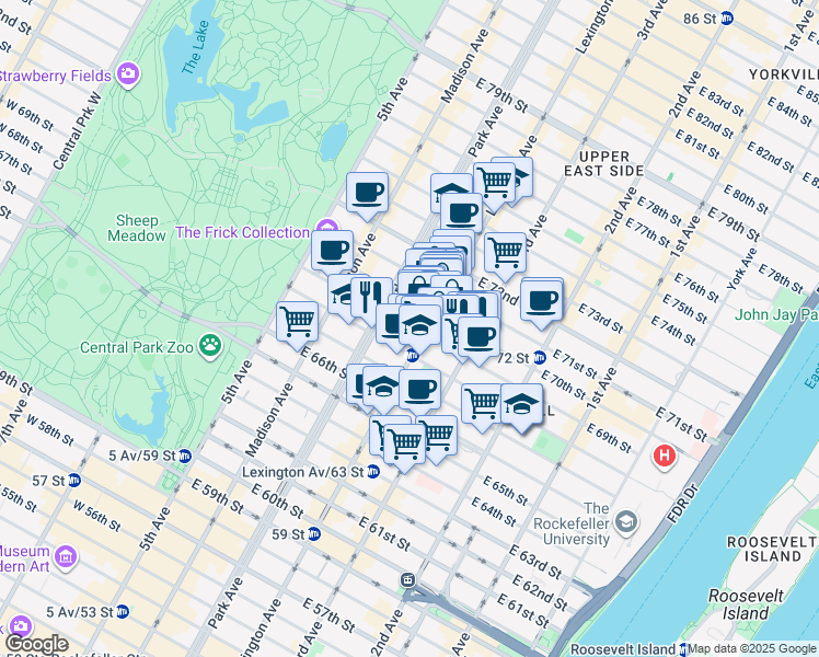 map of restaurants, bars, coffee shops, grocery stores, and more near 116 East 69th Street in New York