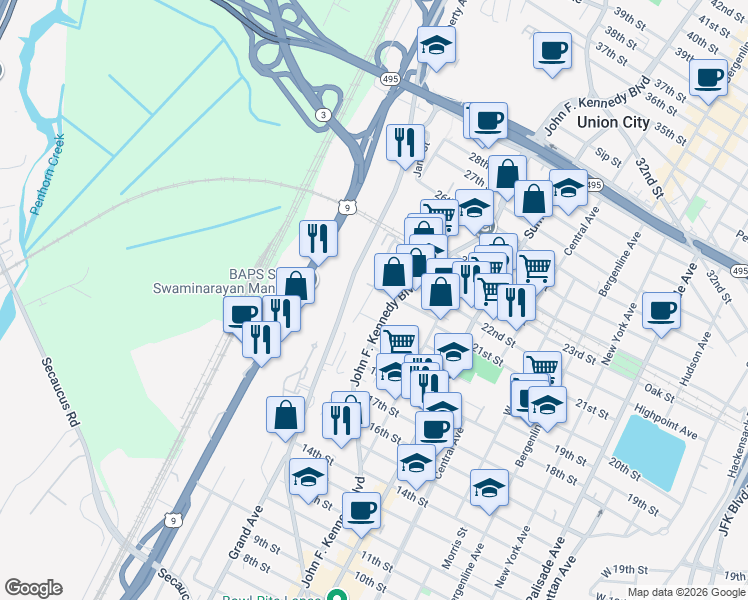 map of restaurants, bars, coffee shops, grocery stores, and more near 2004 Grand Avenue in North Bergen