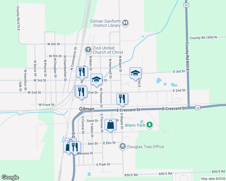map of restaurants, bars, coffee shops, grocery stores, and more near 403 East 2nd Street in Gilman