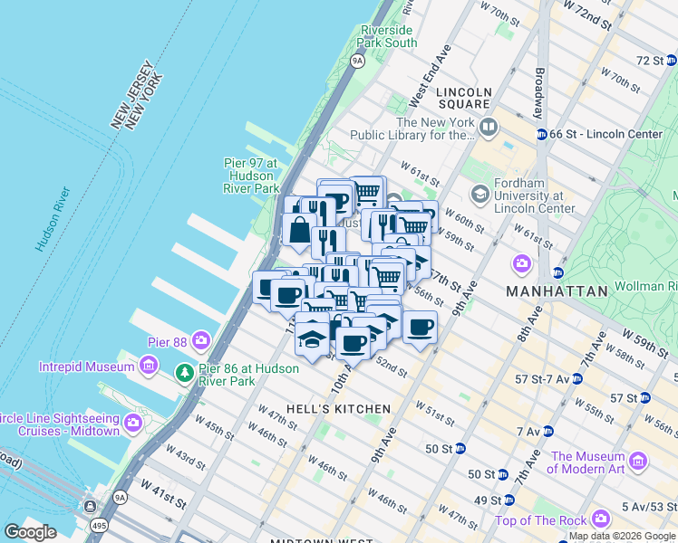map of restaurants, bars, coffee shops, grocery stores, and more near in New York