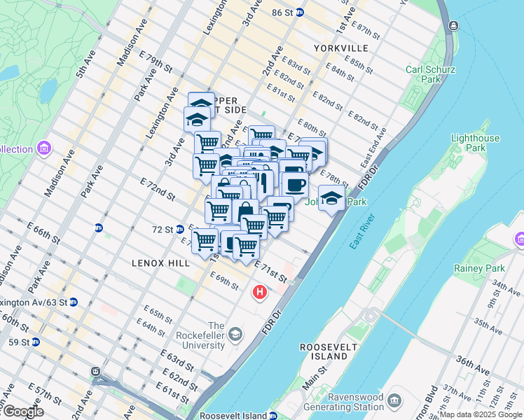 map of restaurants, bars, coffee shops, grocery stores, and more near 423 East 74th Street in New York