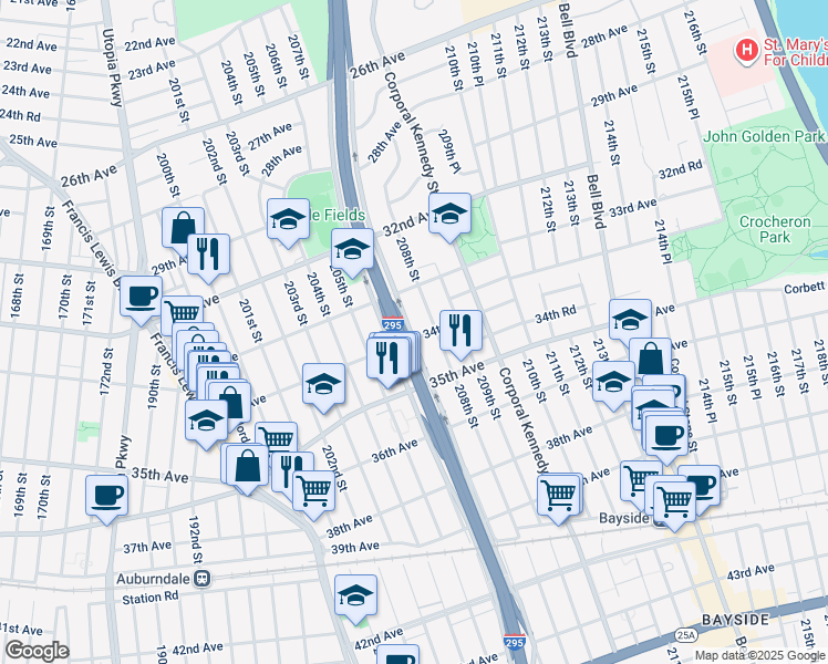 map of restaurants, bars, coffee shops, grocery stores, and more near 207-01 34th Avenue in Queens
