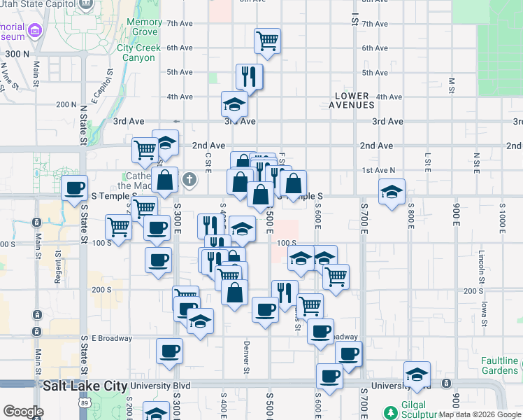 map of restaurants, bars, coffee shops, grocery stores, and more near 34 500 East in Salt Lake City