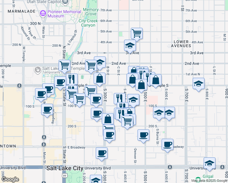 map of restaurants, bars, coffee shops, grocery stores, and more near 26 South 400 East in Salt Lake City